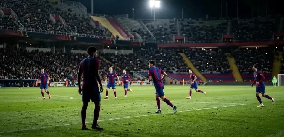 Barcelona players in action during a night match