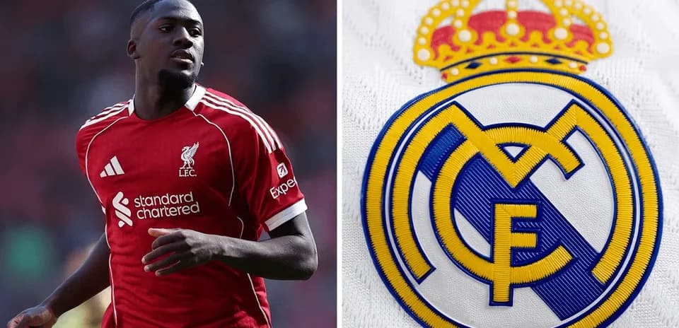 Player in Liverpool kit alongside Real Madrid logo