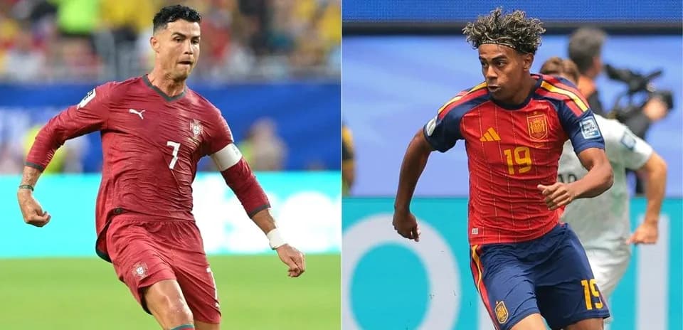 Cristiano Ronaldo and player in Spain kit during match