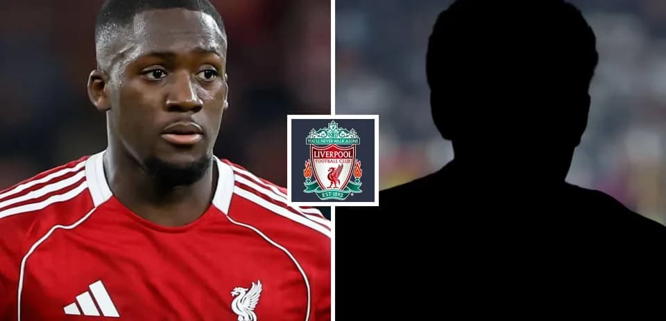 Liverpool player on left with club logo background