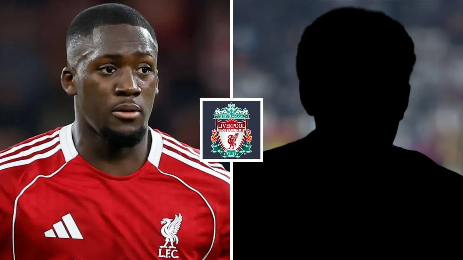 Liverpool player on left with club logo background