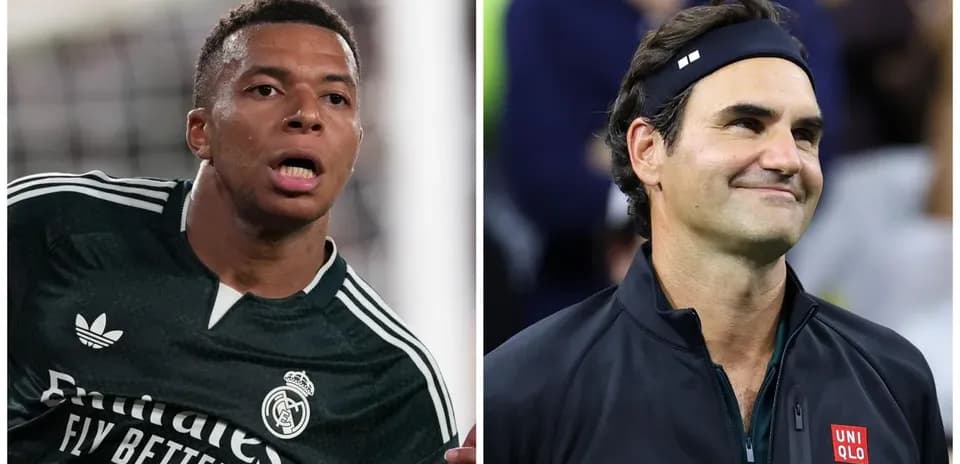 Kylian Mbappé playing football; Roger Federer smiling