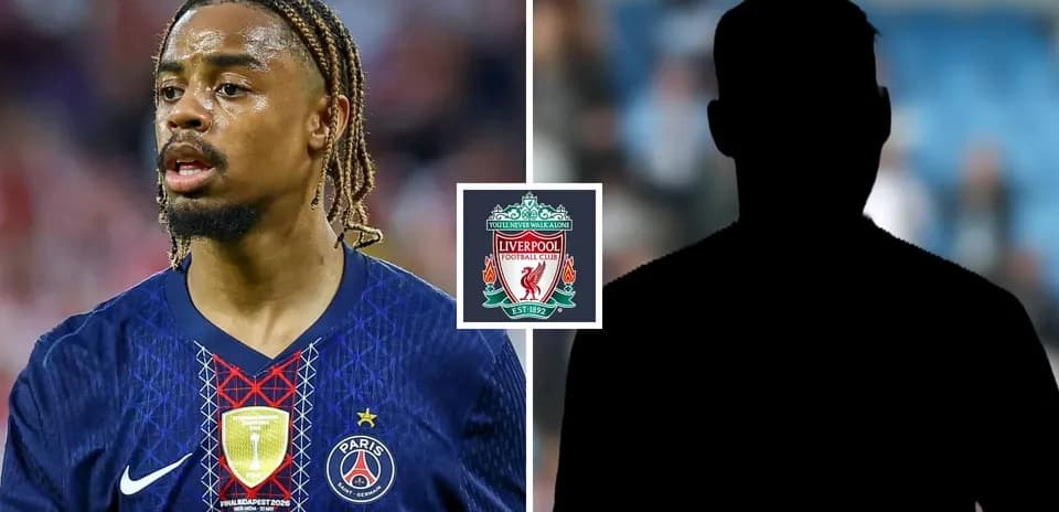 Player in PSG jersey with Liverpool logo backdrop