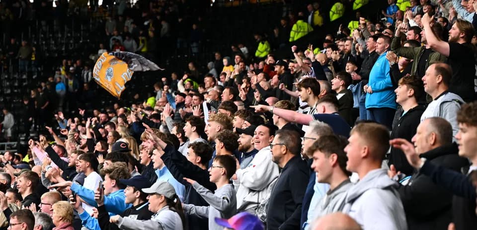 Crowd of fans cheering in stadium stands