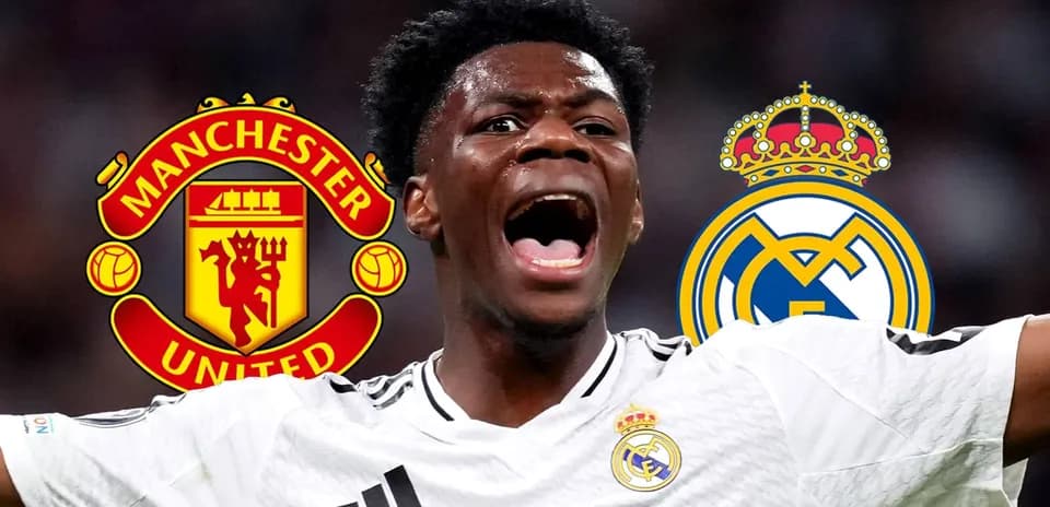 Player celebrating with club logos of Manchester United and Real Madrid