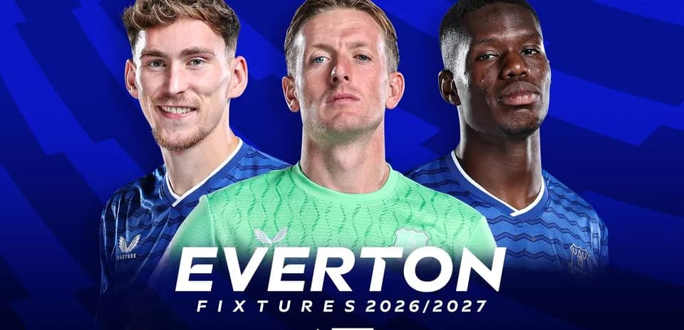 Three Everton players with team logo and fixtures text