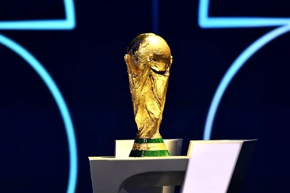 FIFA World Cup trophy displayed on podium