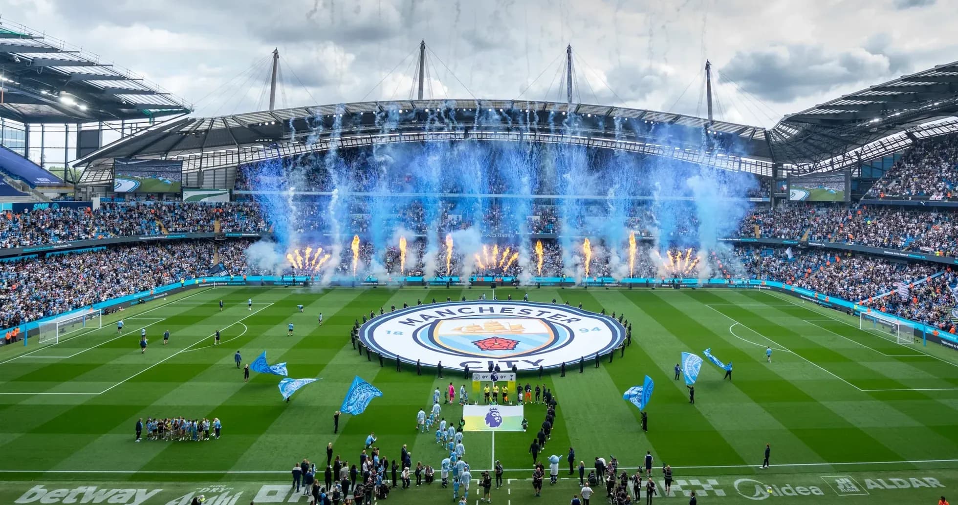 Manchester City stadium with fireworks display