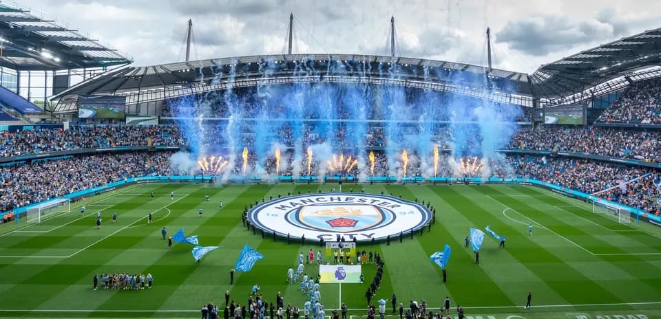 Manchester City stadium with fireworks display