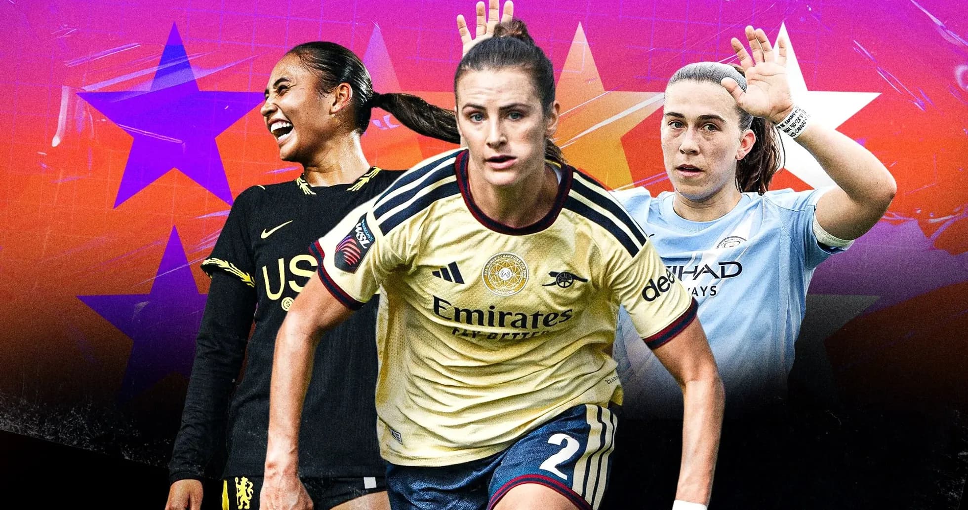Three female soccer players from different teams