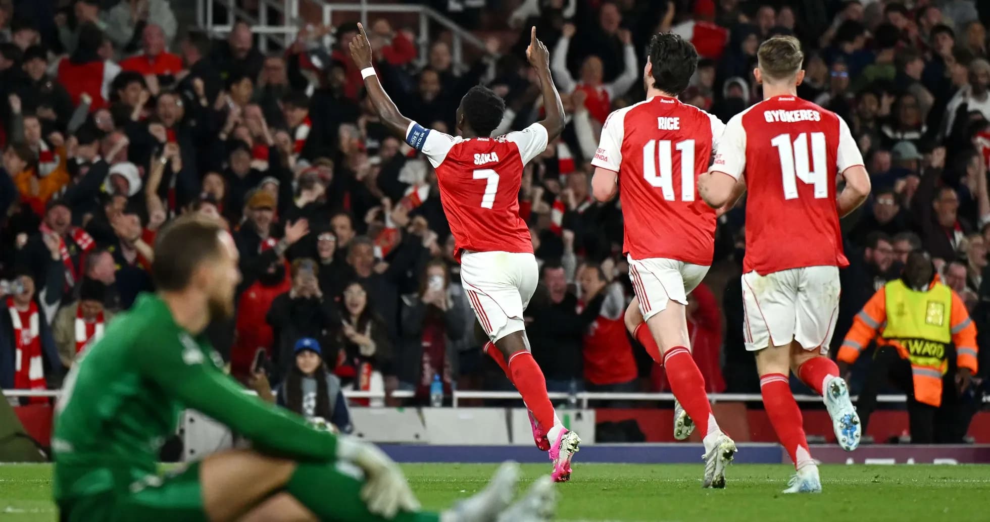 Bukayo Saka celebrating a goal for Arsenal