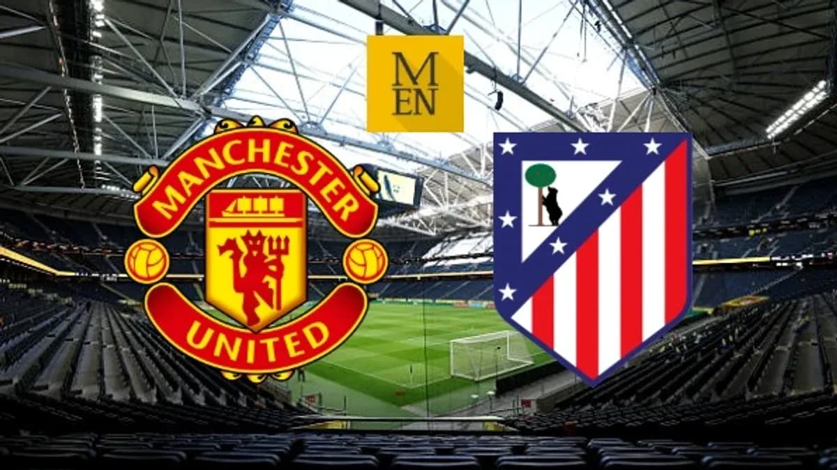 Manchester United and Atletico Madrid logos with stadium background