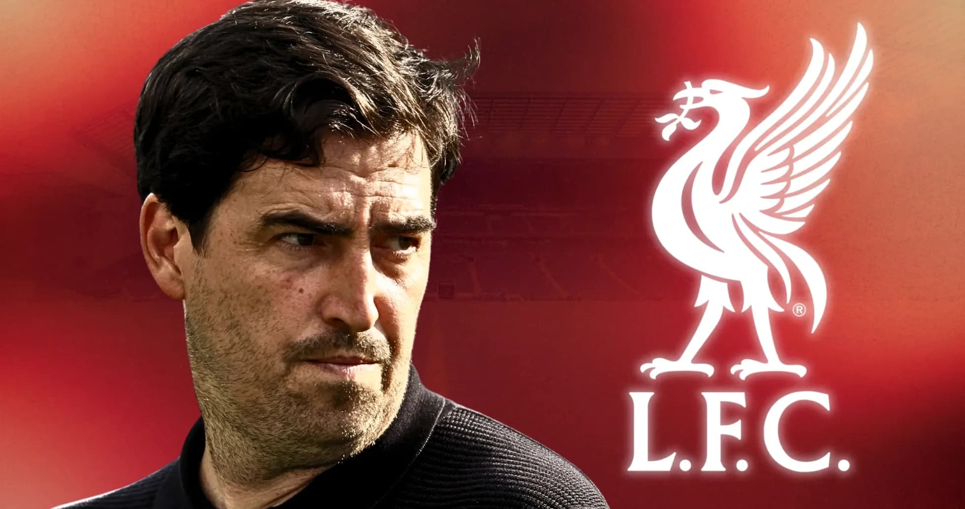 Coach in front of Liverpool FC logo background