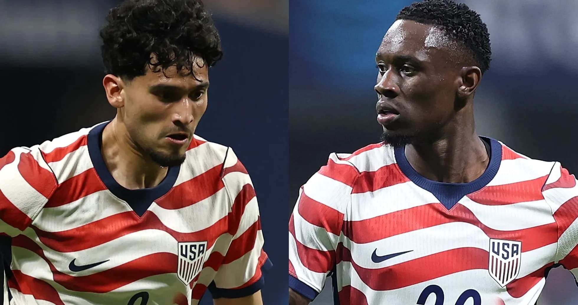 Two USA soccer players in striped jerseys on field