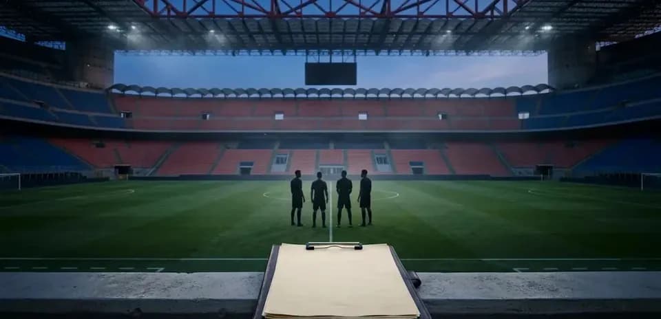 Referees discussing match details in empty stadium