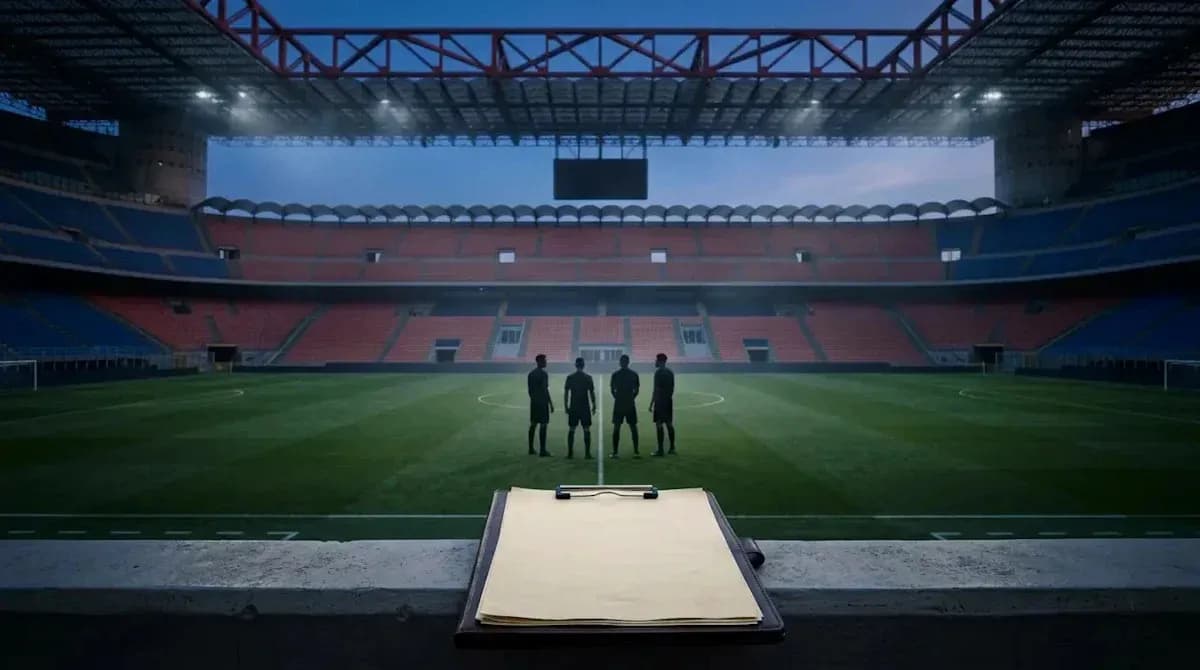 Referees discussing match details in empty stadium