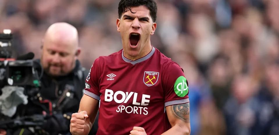 Player celebrating passionately in West Ham United jersey