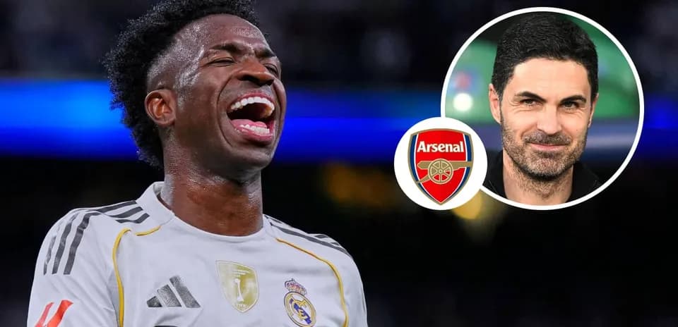 Vinicius Jr celebrating with Arsenal logo and Mikel Arteta