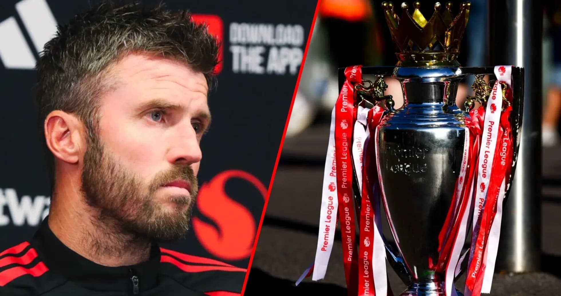 Player at press conference beside Premier League trophy