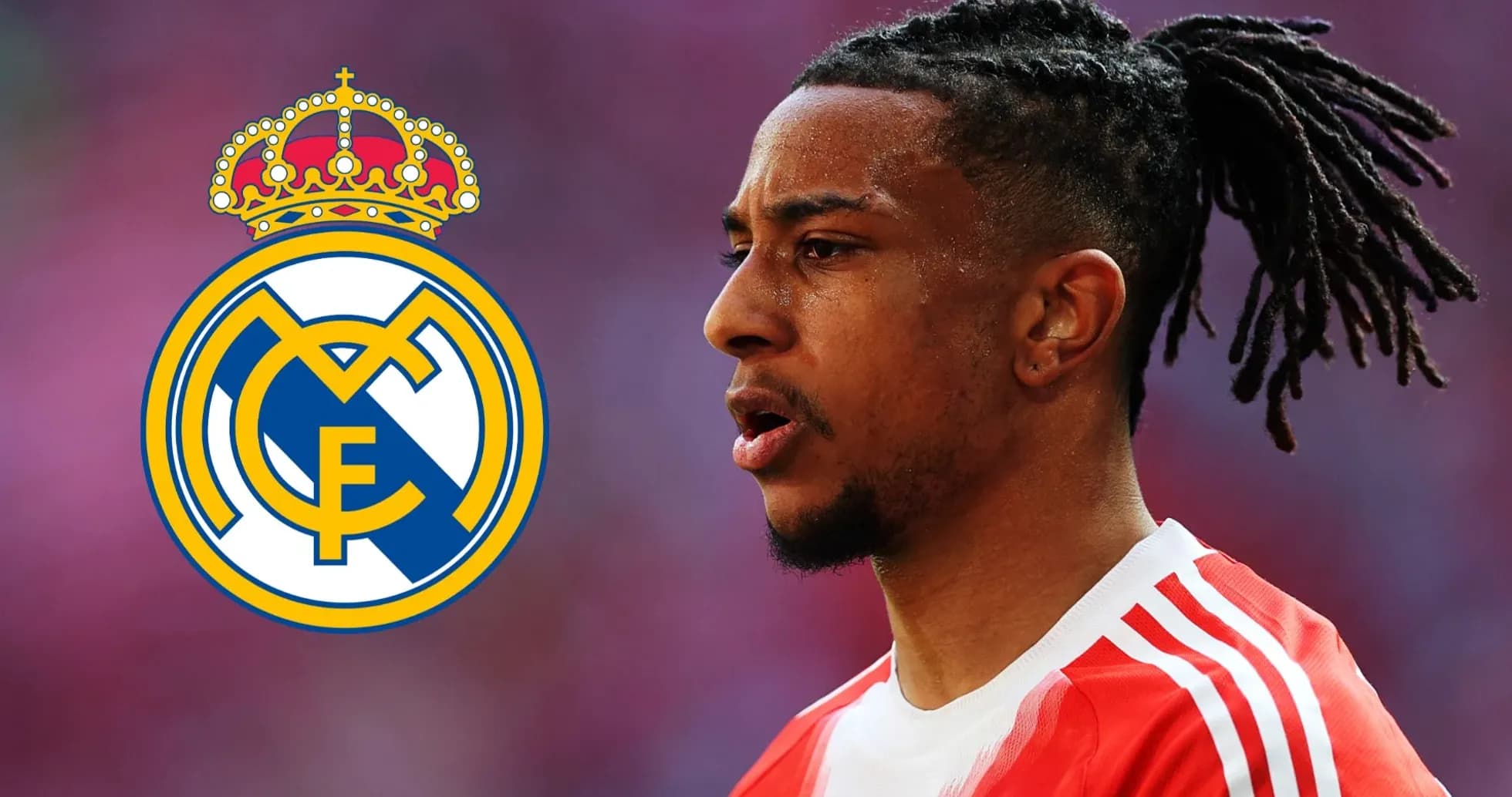 Player in red jersey next to Real Madrid logo