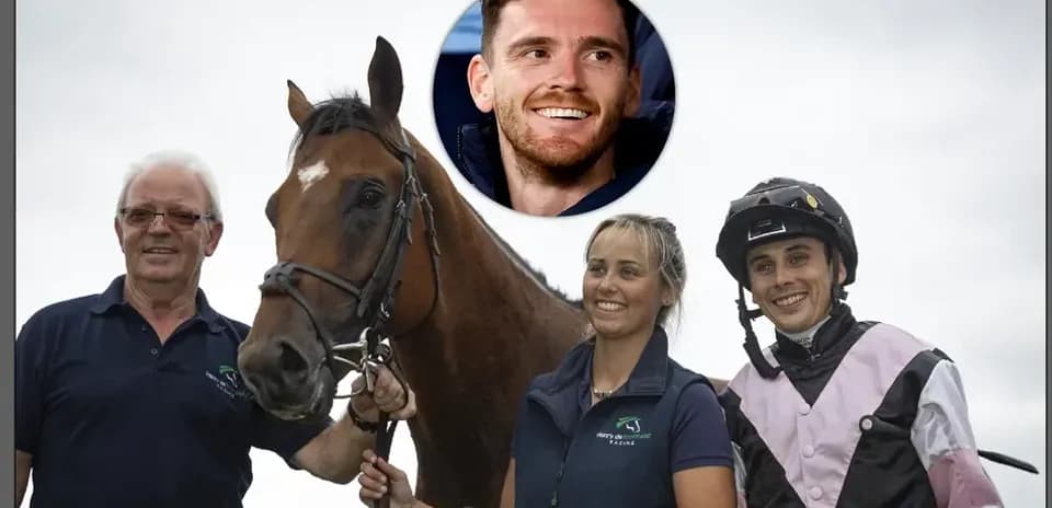 Trainer, jockey, and horse posing for photo