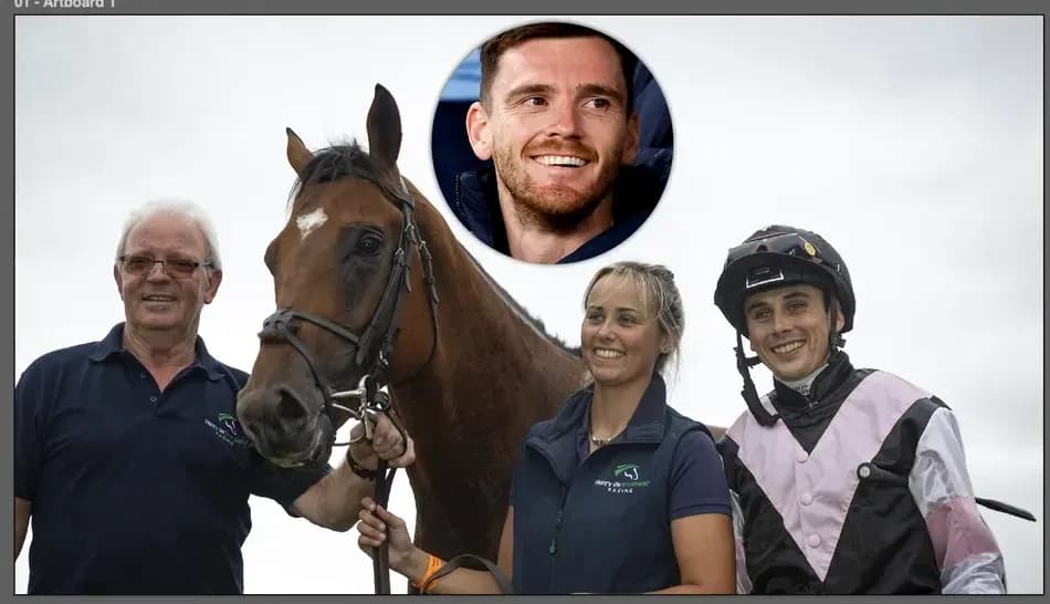 Trainer, jockey, and horse posing for photo