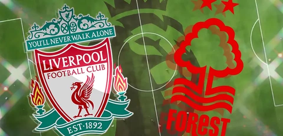 Logos of Liverpool and Nottingham Forest on pitch