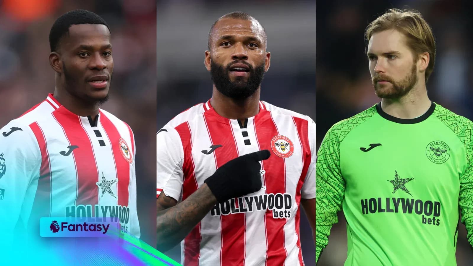 Three Brentford players in team kits during match