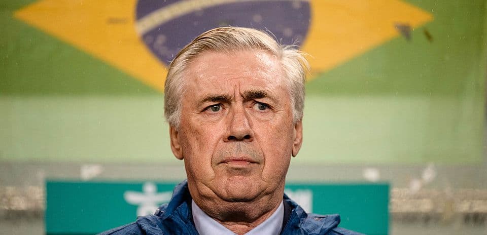 Coach standing before Brazil flag during match