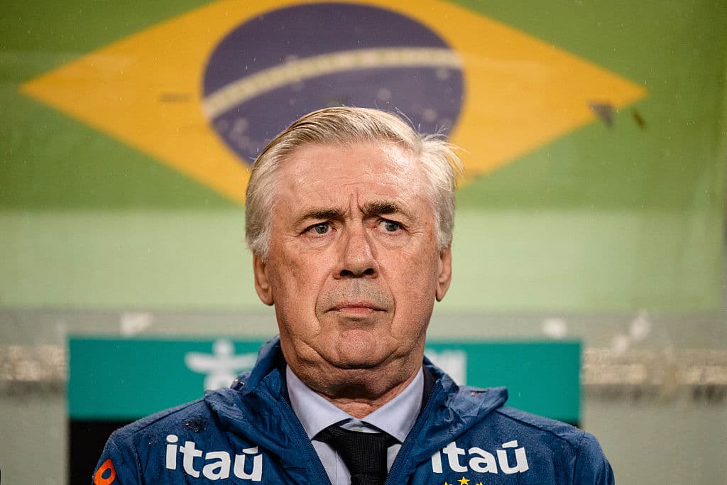 Coach standing before Brazil flag during match