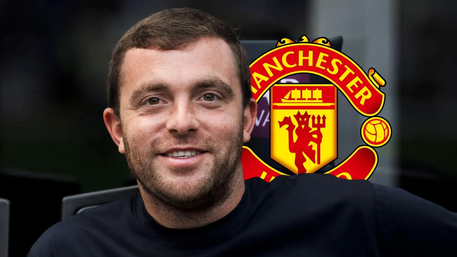 Man smiling with Manchester United logo in background
