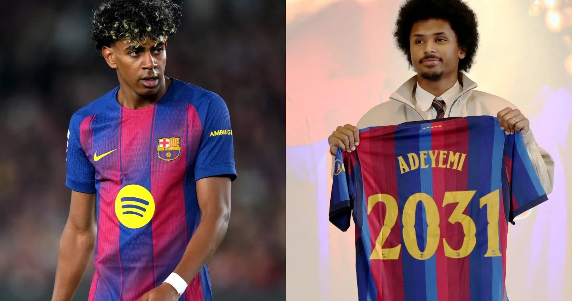 Barcelona player in kit and new signing holding jersey