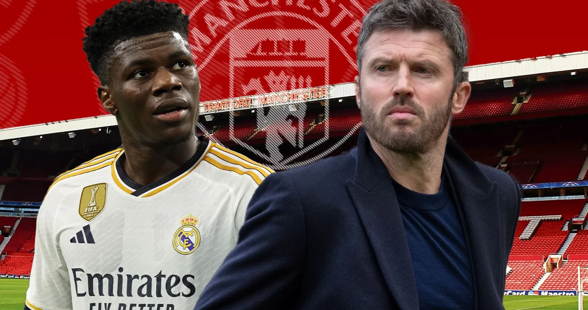 Player and coach at Old Trafford stadium backdrop