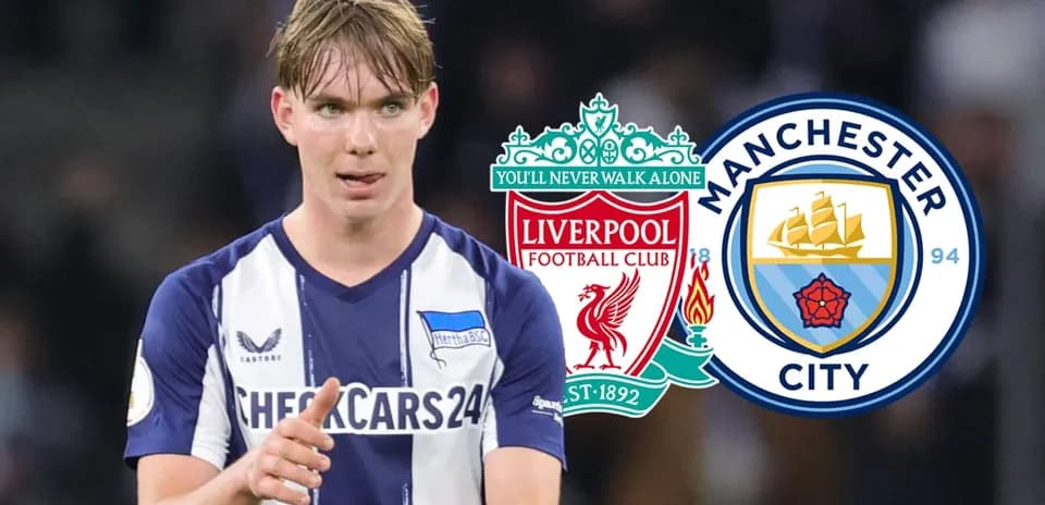 Player gesturing with Liverpool and Manchester City logos