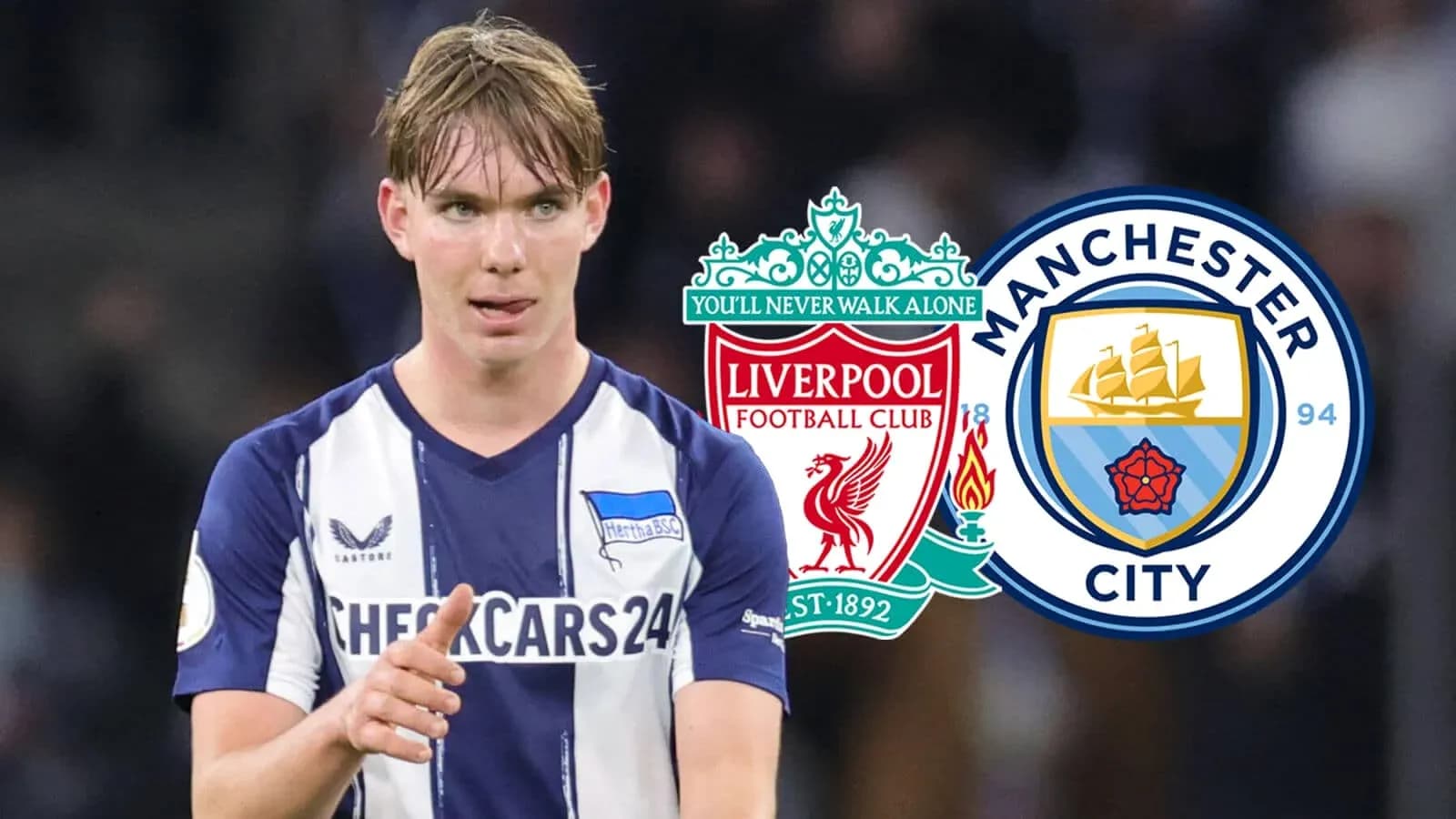 Player gesturing with Liverpool and Manchester City logos