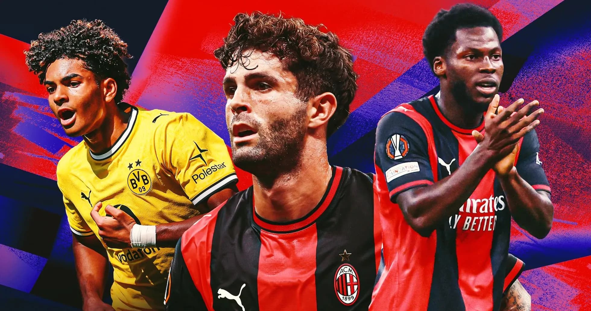 Three football players from different teams on colorful background