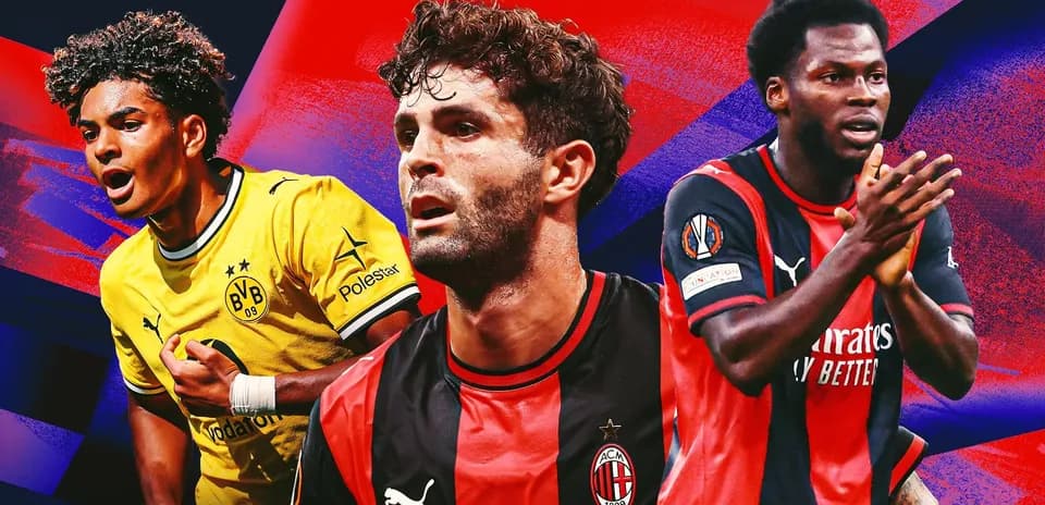 Three football players from different teams on colorful background