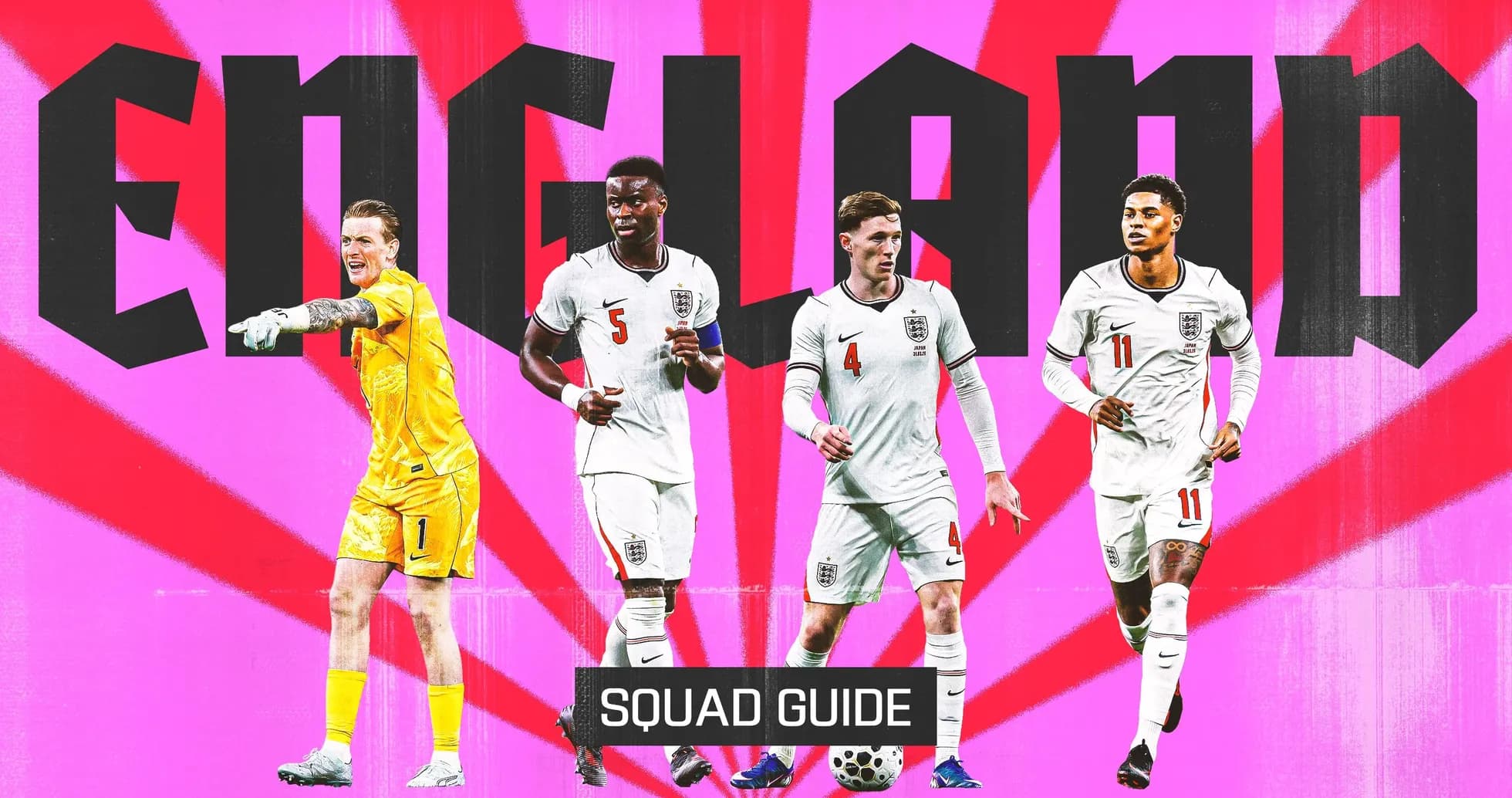 England squad members with bold background design