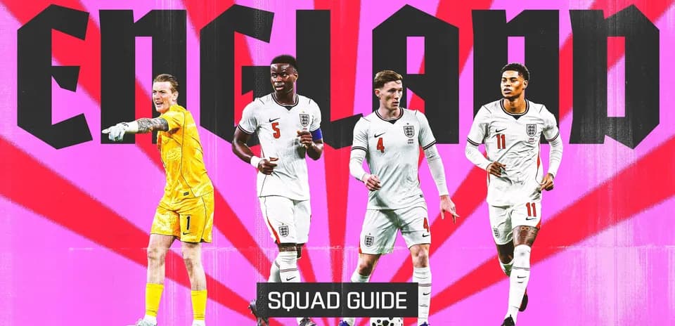 England squad members with bold background design