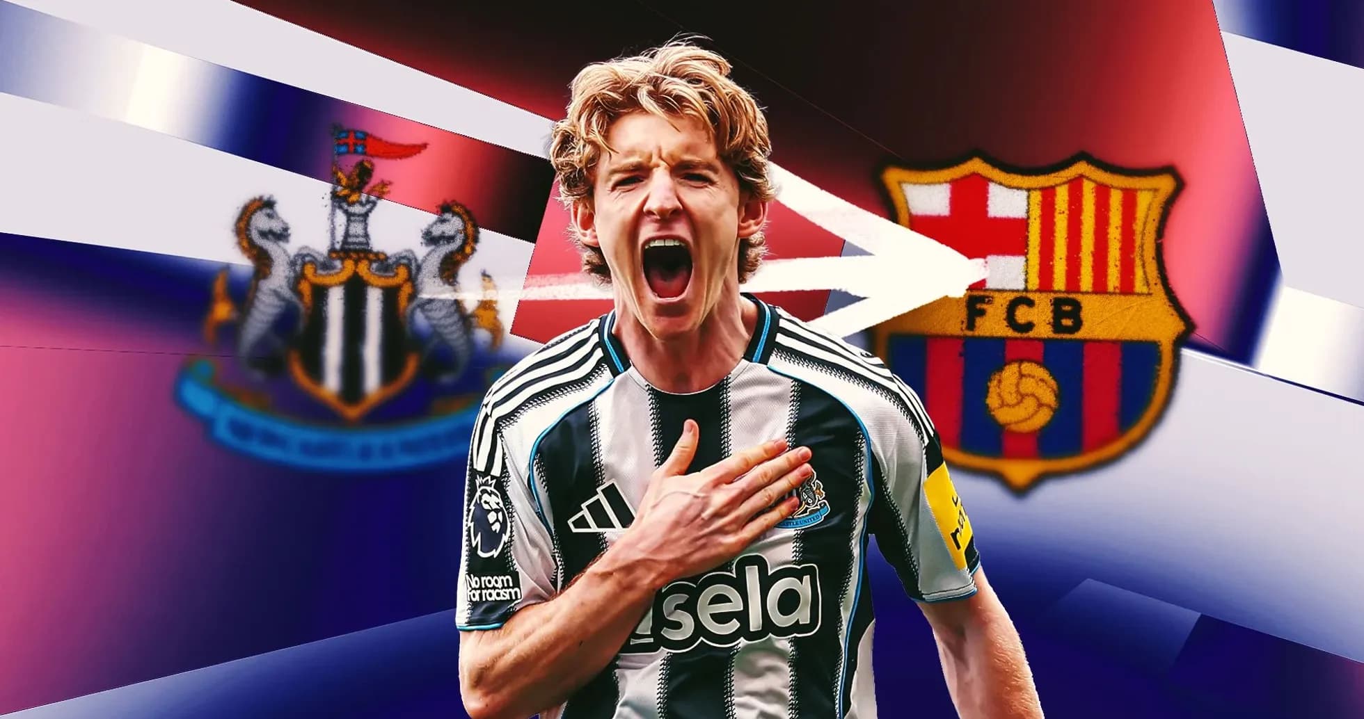 Player celebrating with Newcastle United and Barcelona logos
