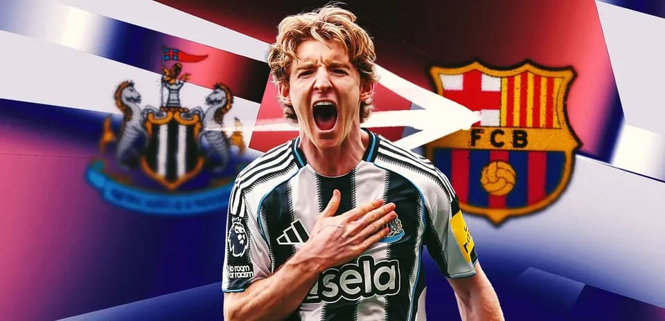 Player celebrating with Newcastle United and Barcelona logos