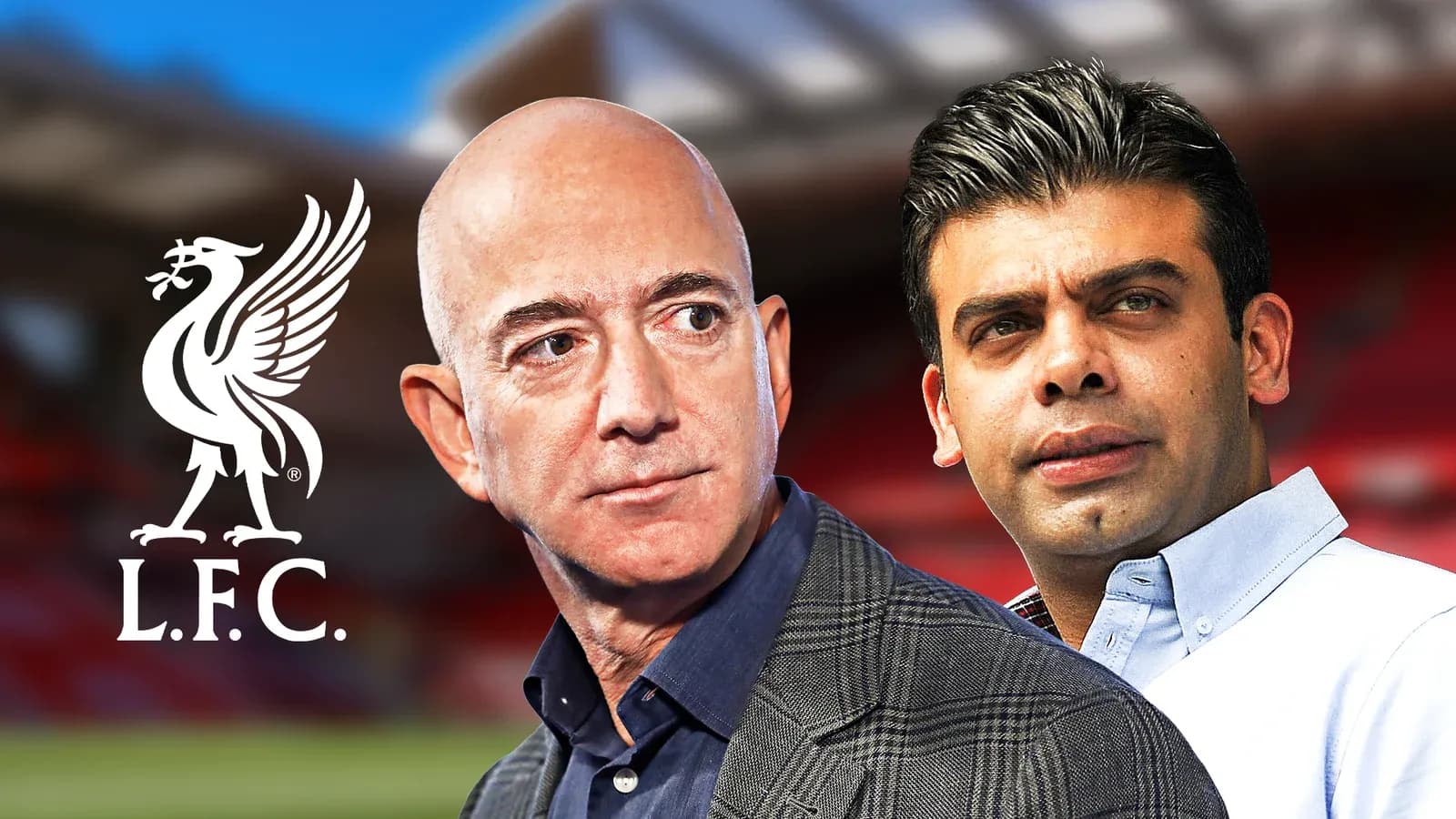 Two men in front of Anfield stadium with Liverpool logo