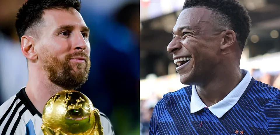 Lionel Messi holding World Cup trophy beside Kylian Mbappé