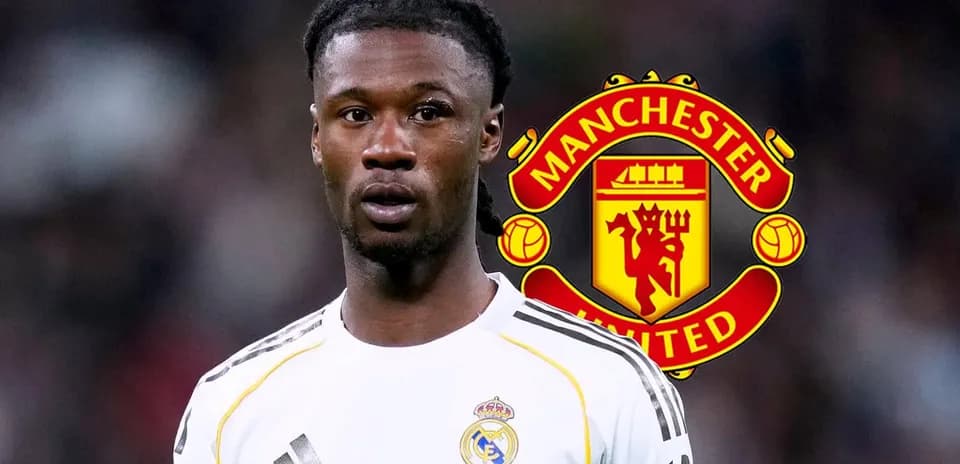 Player wearing Real Madrid jersey with Manchester United logo