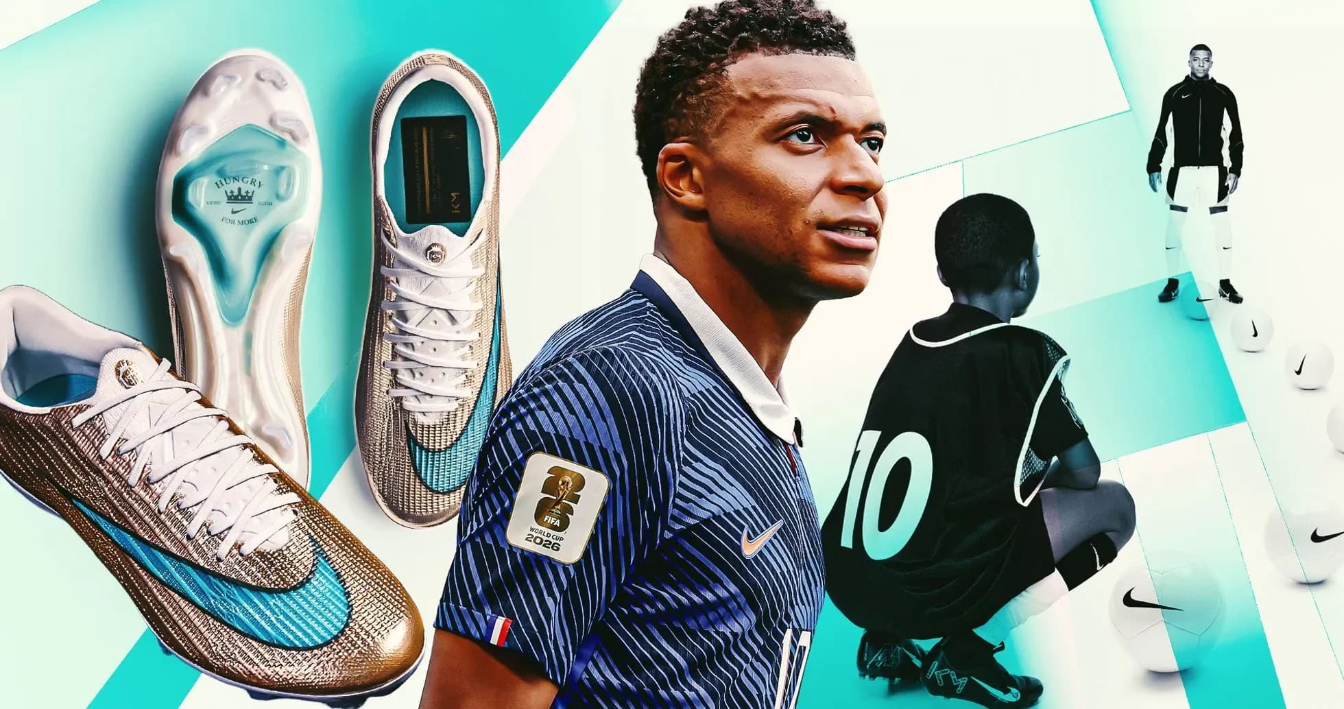 Kylian Mbappé with football boots and training scene