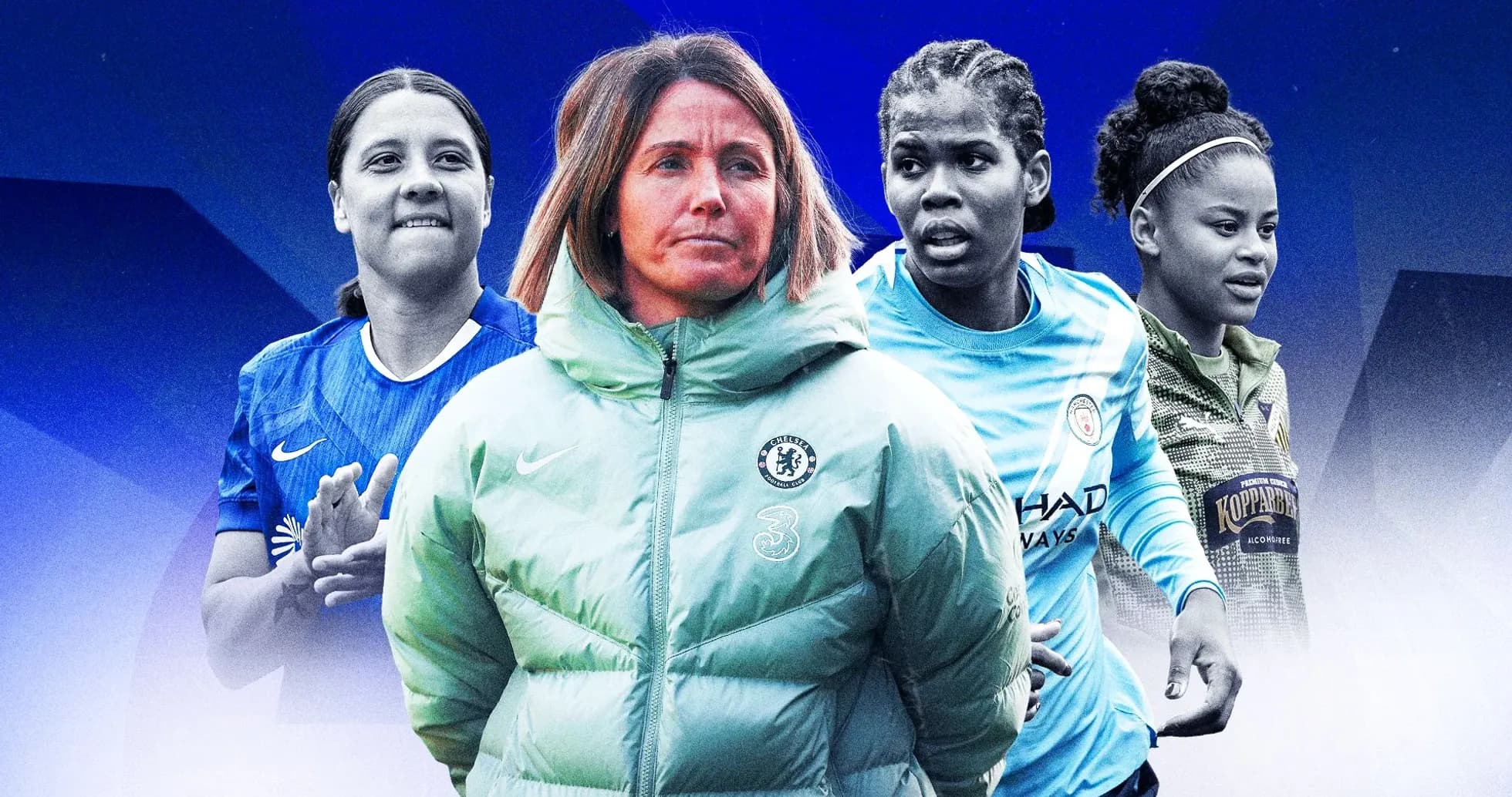 Four female football players and coach in action