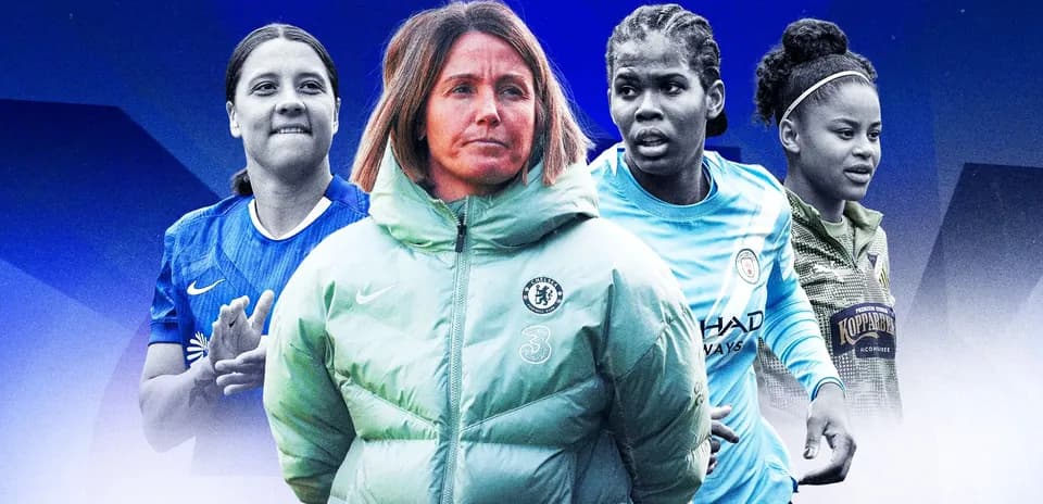 Four female football players and coach in action