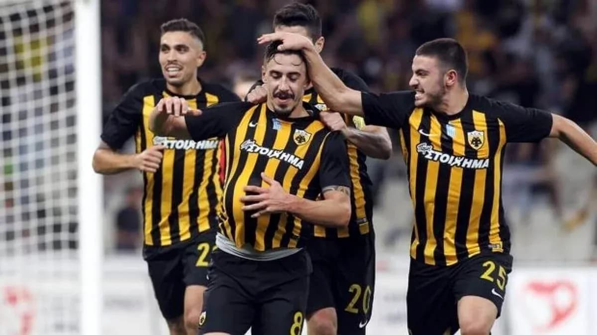 AEK players celebrating a goal in match