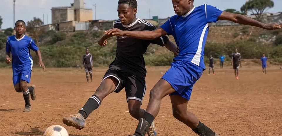 Two players competing for the ball on dusty pitch