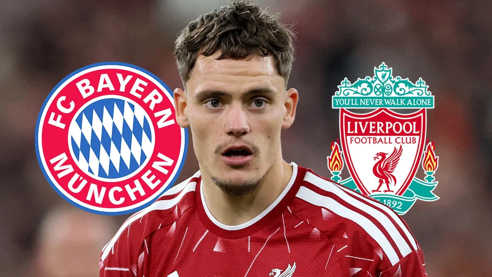 Player in Liverpool kit with Bayern and Liverpool logos